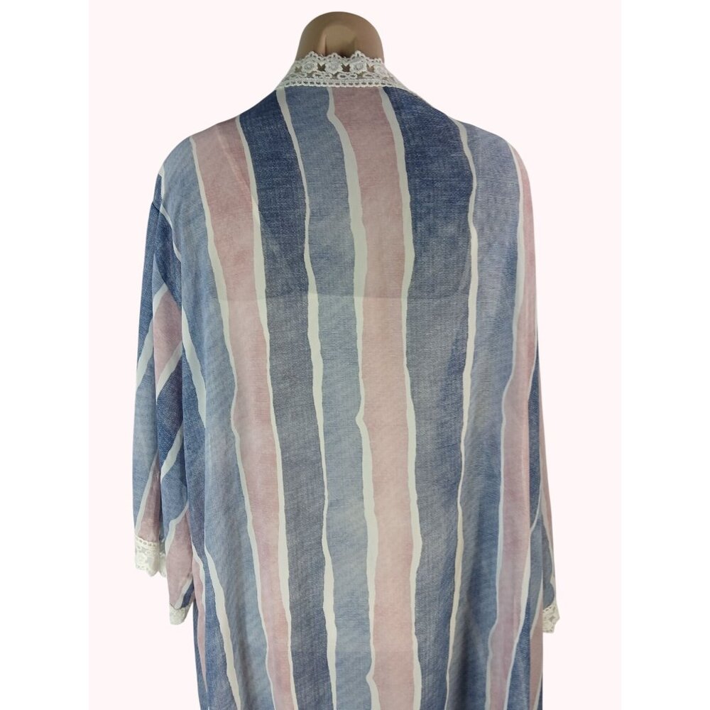 LuLaRoe Chloe Striped Lace Trim Open Kimono Womens Size XL Boho Pink Blue Cover - Picture 10 of 12